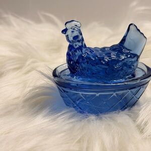 Mini vintage Blue Glass Hen Decorative Accent
